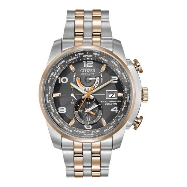 往復送料無料 10年保証 送料無料 Citizen シチズン エコドライブ ワールドタイム At9016 56h 腕時計 ブラッ ソーラー電波時計 電波 アナログ シルバー ソーラー メンズ 逆輸入