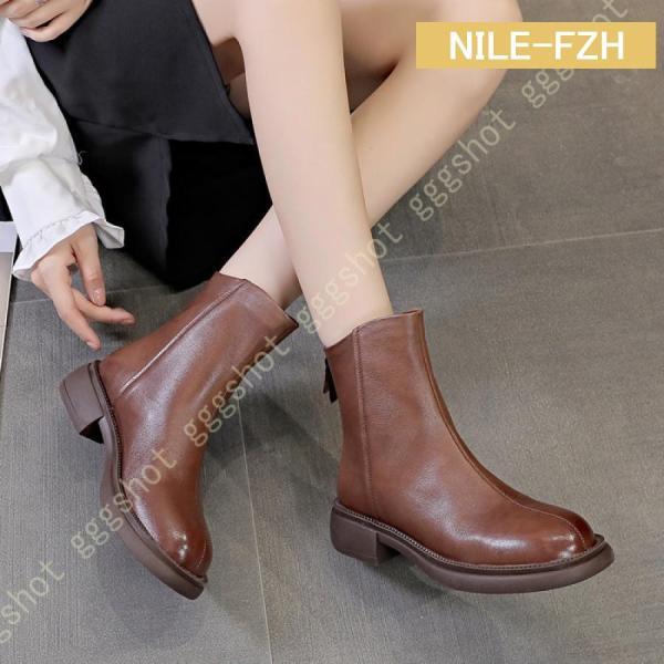 レディース ショートブーツ 本革 バックジッパー 厚底 ラウンドトゥ