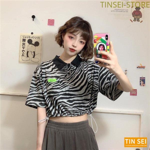 ゼブラ柄 Tシャツ レディース 半袖 チェック柄 へそ出し ショート丈 トップス 韓国ファッション 原宿系 ヒップホップ ダンス衣装 ストリート風