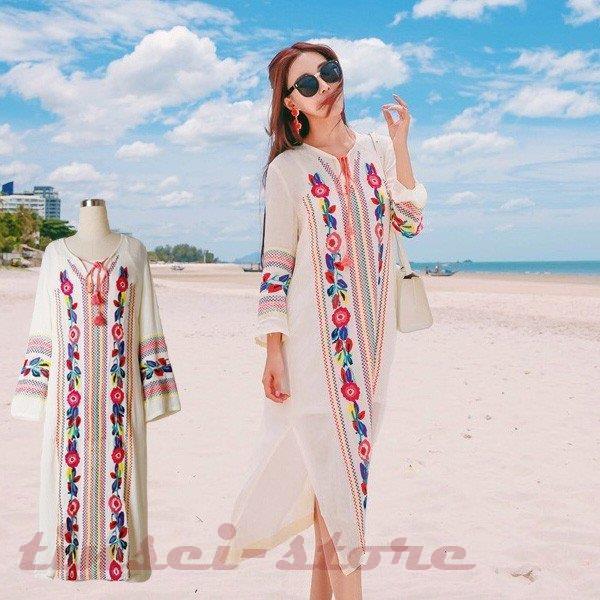 リゾートワンピ ボヘミアン マキシワンピ ロング袖uvカット刺繍マキシワンピース ドレス Tin319 Flg181 Tinseiヤフー店 通販 Yahoo ショッピング