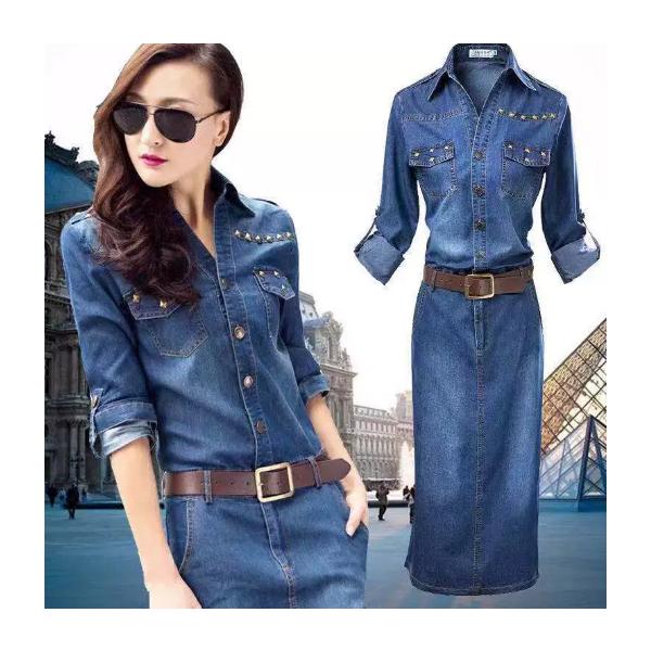 デニムワンピース マキシ丈 夏 五分袖 ロングワンピース