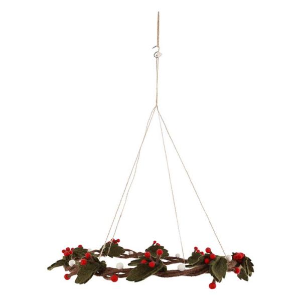 柔らかなフェルトの葉と赤い実をあしらった吊り下げタイプのデコレーションリース。 ナチュラルな麻紐で吊るすデザインで、天井やライトのまわり、窓辺のアクセントにもおすすめ。 軽やかな素材感ながら、フェルトならではの手づくりの温かみを感じられます...