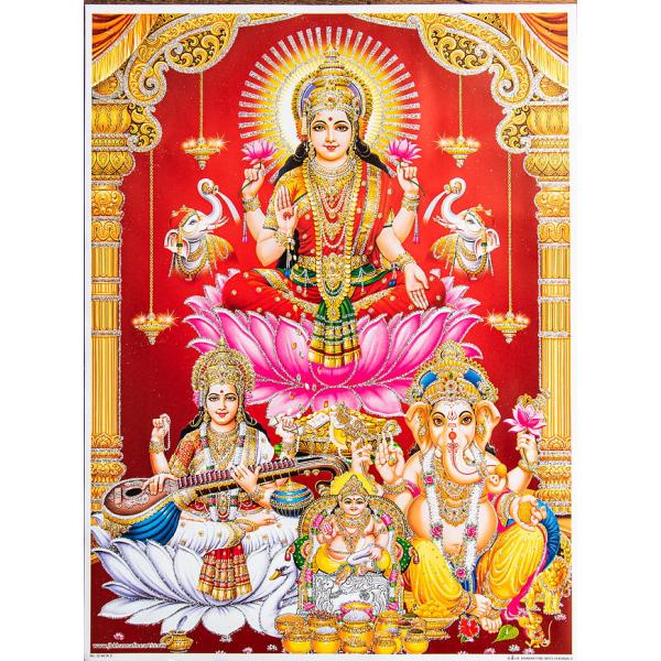 ラクシュミー サラスヴァティ ガネーシャ 〔約40.5cm×約30.5cm〕輝くラメ入り・インドのヒンドゥー神様ポスター