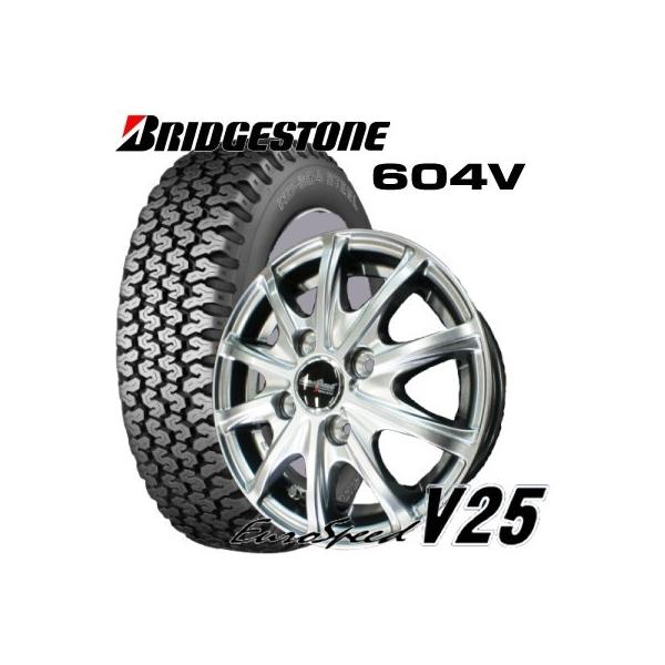 155R12 6PR　軽トラック・バン用【アルミ付タイヤセット】ブリヂストン 604V 12X4.00B　4穴　PCD：100 EUROSPEED V25/ユーロスピードV25