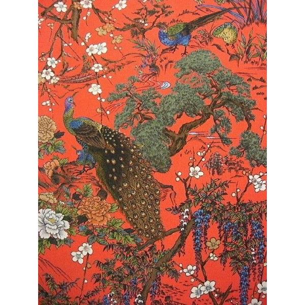 正絹ちりめん生地 多色柄 花に孔雀 オレンジ 31cmX50cm 縮緬細工 正絹ちりめん生地 多色柄 花に孔雀 オレンジ 31cmX50cm 縮緬細工