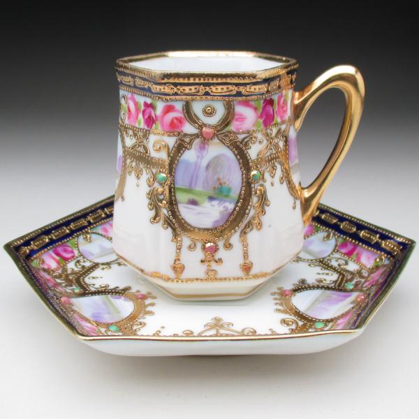 オールドノリタケ 金盛りジュール薔薇風景絵 六角カップ＆ソーサー  