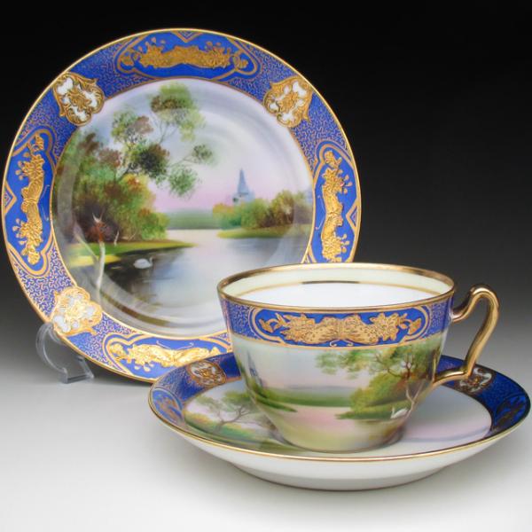 オールドNoritake 金盛点盛 ジュール 窓絵湖畔風景画ペディスタル カップ-