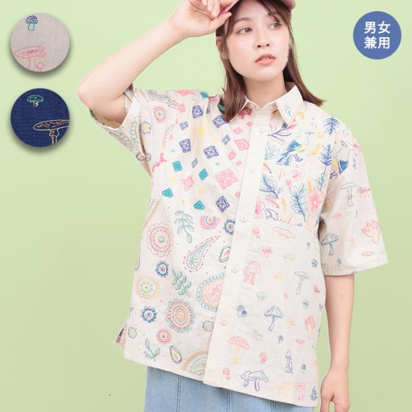 リク値下希少サイズ美品日本製Papas総刺繍時計柄コットン半袖BDシャツ46S チチカカ（TITICACA） go slow caravan レーヨンコットンスクエア刺繍