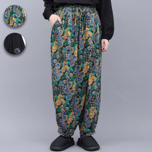 ドライ軽量ストレッチUVタイ風パンツ ／ サルエルパンツ レディース 春 夏 ロング丈 総柄 フラワー 無地 ワンポイント ウエストゴム UVカット 吸汗速乾