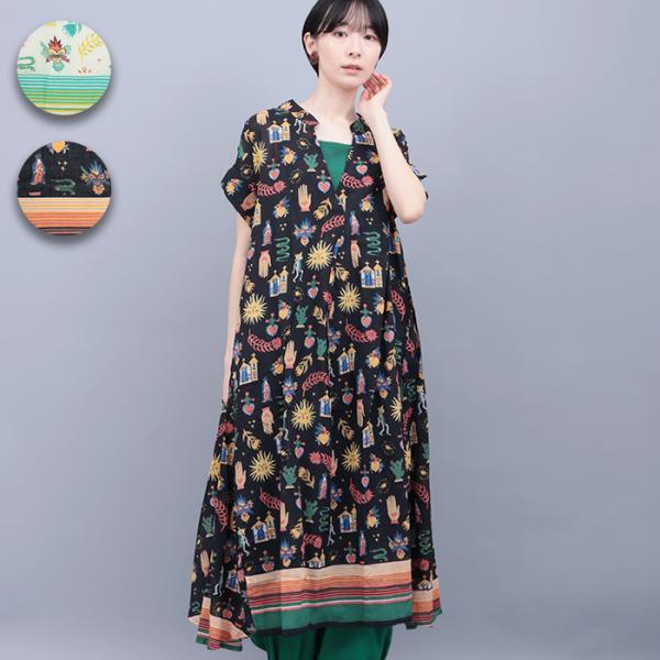 美品☆センソユニコLucruca 半袖 ワンピース マーチングバンド柄 38 チチカカ（TITICACA） メヒコモチーフプリントワンピース ／ ロング