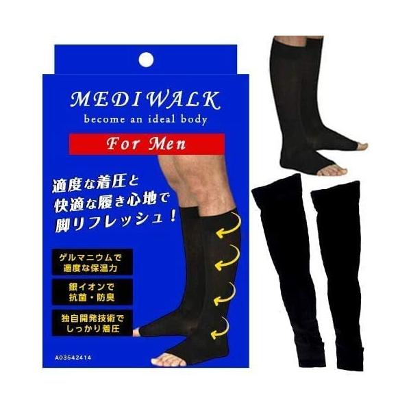 【商品名】　MKY Company 着圧ソックス メンズ メディウォーク 加圧 靴下 ハイソックス 弾圧ストッキング 男性用 つま先なし レッグウォーマ 【商品説明】　・「冷え」…ゲルマニウムで適度な保温力。「臭い」…銀イオンで抗菌・防臭。...