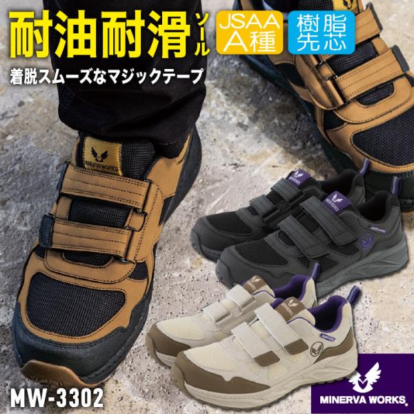 コーコス ミネルヴァワークス 安全靴 JSAA-A種合格品 耐滑 耐油 樹脂先芯 マジック式 作業靴 マジックテープ セーフティーシューズ スニーカー cc-mw3302