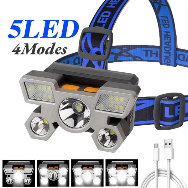5LED 充電式ヘッドライト懐中電灯 - 超高輝度 ポータブル 光束角度調整可能 キャンプ/釣り/ランニング/旅行/アウトドア活動用 - USB給