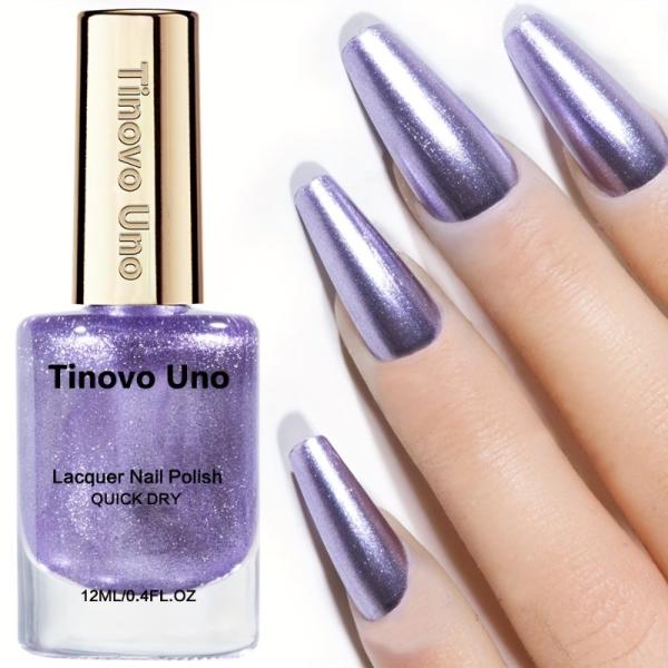 Tinovo Unoパープルプラチナグリッター ネイルポリッシュ 12ml、速乾性、ナチュラル、ハイグロスプラチナグリッターカラー、長持ちし輝き