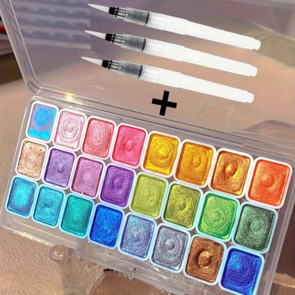 24色 手作り ジェル 水彩絵の具 3本 ブラシ セット プロ アーティスト グレード キラキラ 光沢 色合い 学校 工作 DIY プロジェクト プロ