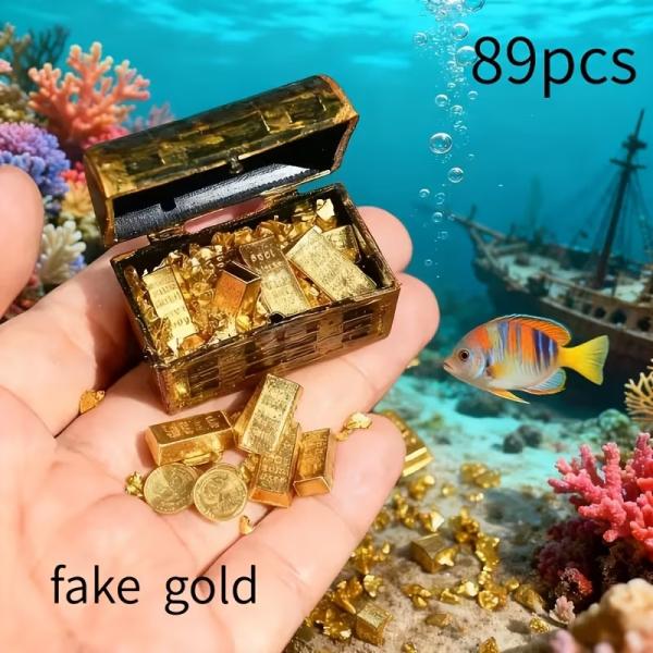 89点セット、プラスチック製海賊の宝箱と亜鉛合金ゴールドバー（レプリカ）を含む、耐久性のあるモデル撮影小道具と小さな風景デコレーション。ハロウィンやク