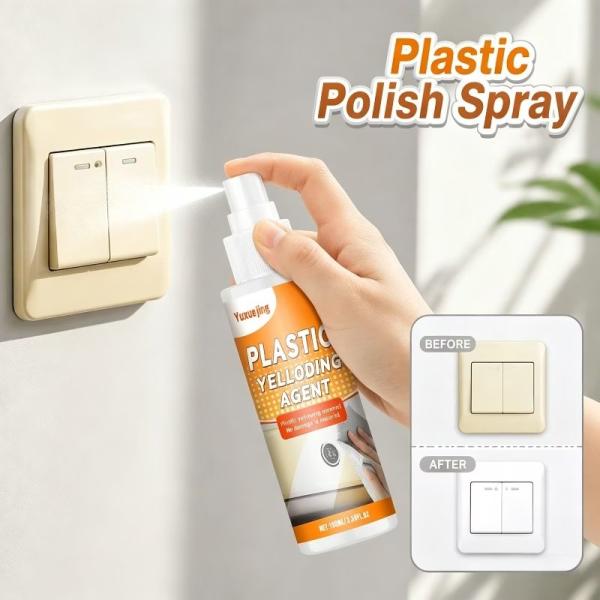100ml プラスチック黄ばみ取りスプレー。日光による黄ばみや経年劣化をターゲット。プラスチック基材を傷めない低刺激性処方。家電ケース、プラスチック製