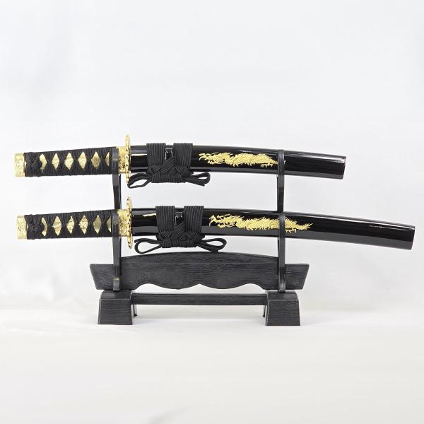 模造刀 ミニミニ竜3点セット 彫金 黒 刀掛台付 刀身竜彫
