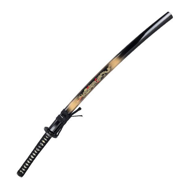 しのびや特製刀剣証明書・クリーニングクロス付き！刀身にも龍の彫りがあるので刀身を出して飾っても見栄えがする一振りです■ 仕様刀身：亜鉛合金（クロムメッキ仕上げ・龍彫付）柄：樹脂製白鮫　柄糸：人絹黒糸鍔：合金製、雲龍ノ図鞘：木製、木製、光沢金...