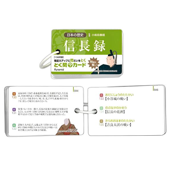 ■ 商品名 歴史とく問カード「信長録」 　※【監修】小和田泰経■ 仕　様　・用紙サイズ：H56xW85mm　・用紙枚数：表紙・裏表紙×各1枚、問題×52枚　・ポリリングどめ　・梱包：OPP袋入り