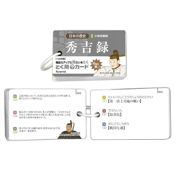 ■ 商品名 歴史とく問カード「秀吉録」 　※【監修】小和田泰経■ 仕　様　・用紙サイズ：H56xW85mm　・用紙枚数：表紙・裏表紙×各1枚、問題×52枚　・ポリリングどめ　・梱包：OPP袋入り