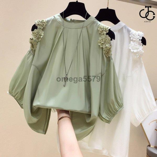 ス レディース ブラウス シャツ 七分袖 フォーマル シンプル 花柄 花びら セレモニー 春夏 結婚式
