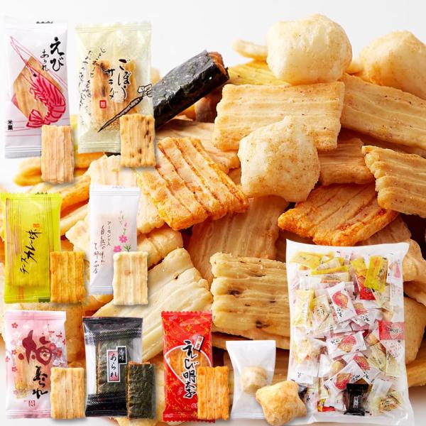 「商品情報」「主な仕様」?【8種類のおかきを食べ比べ♪】醤油、塩、梅、えび、えび明太子、チーズカレー、ごぼうサラダなどの人気のおかきを一袋に詰め合わせました！?【どっさり！！】どどーんと大袋で500gでお届けします！！便利な個包装タイプ！！...