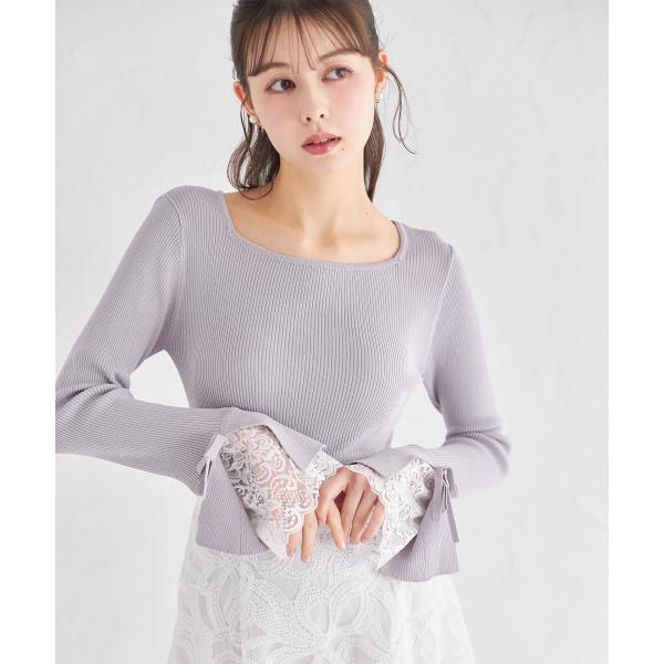おおくぼ tocco closet りぼん付き袖口レース切り替えリブニットプル
