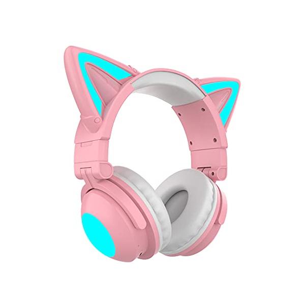QuiExact ヘッドセットブルートゥースイヤホン猫の耳が光る可愛い女性用ワイヤレススポーツステレオヘッドセット 猫耳ヘッドホン ライトがつけます