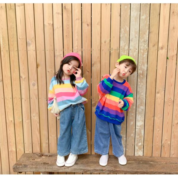 子供 パーカー キッズパーカー レインボーストライプ トレーナー 丸首 カラフル 春秋服カジュアル 普段着 ギフト 男の子 女の子 長袖Tシャツ 長袖カットソー