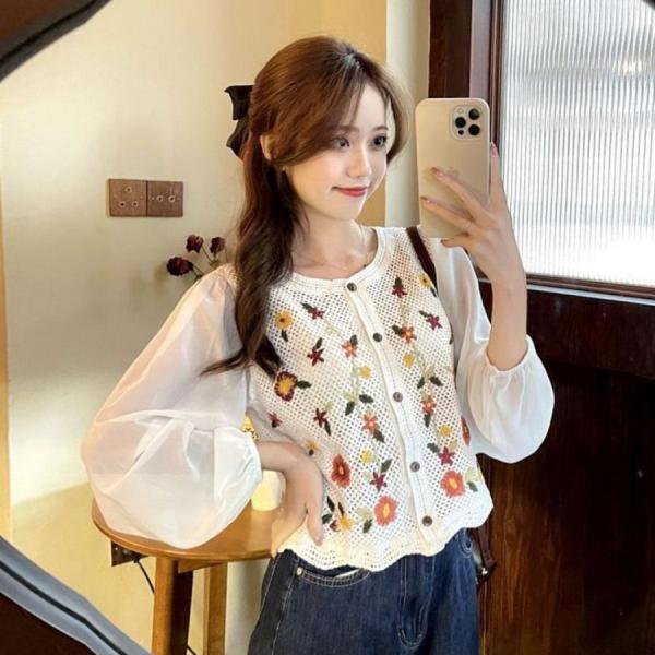 きれいめ 薄手 刺繍 羽織り 花柄 ぽわん袖 カーディガン レディース 春服 夏服 長袖 重ね着 フェミニン 冷房対策 エアコン対策 カジュアル トッ