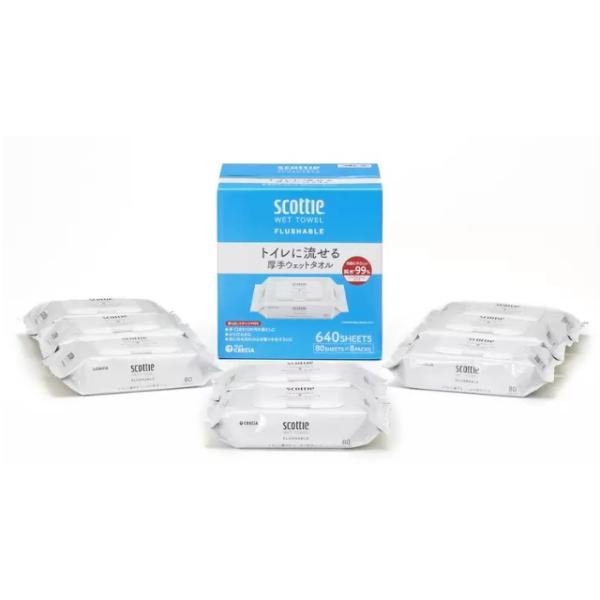 シートサイズ：200mm ×150mmスコッティトイレに流せる 厚手ウェットタオル 80枚 × 8袋 48000 送料無料 弱酸性 ノンアルコール コストコ ウェットティッシュ ポータブル