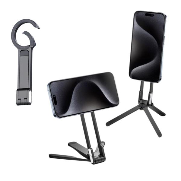 スマホスタンド 三脚 マグネット式 3WAY ブラック 折りたたみ 携帯型 カラビナ付き 軽量 高級デザイン 旅行 アウトドア 撮影 自撮り