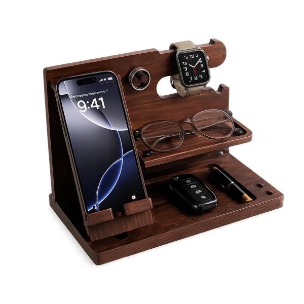 OZD 父の日 男性 木製スマホスタンド デスクオーガナイザー 小物収納 時計スタンド メガネスタンド 鍵置き 父親 夫 彼氏