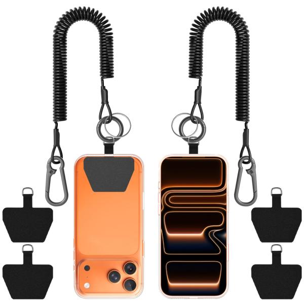 MoKo カールコードストラップ 2個セット スマホ ハンドストラップ 弾性伸縮式 取り付けプレート 4枚入り 腰掛け 手首掛け Black