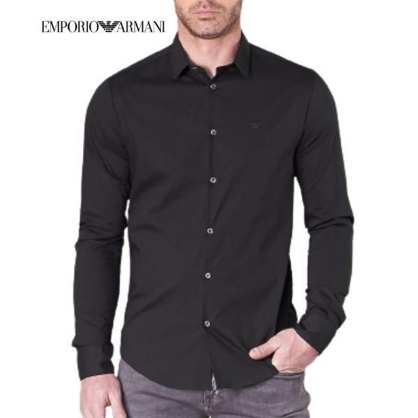 セール 半額以下！！ EMPORIO ARMANI エンポリオアルマーニ メンズ 黒 ブラック ドレスシャツ ブランド ロゴ スリムフィット 細身  タイト 8N1C09 1N06Z 0999
