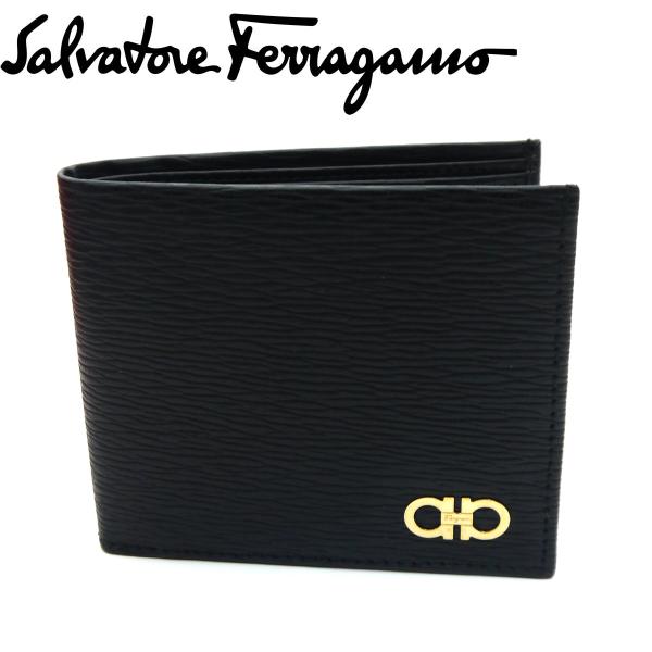 【未使用に近い】Ferragamo 現行 オーバル〈定価68,200円〉 フェラガモ 二つ折り財布 財布 メンズ ブラック 661329 NERO 0770094