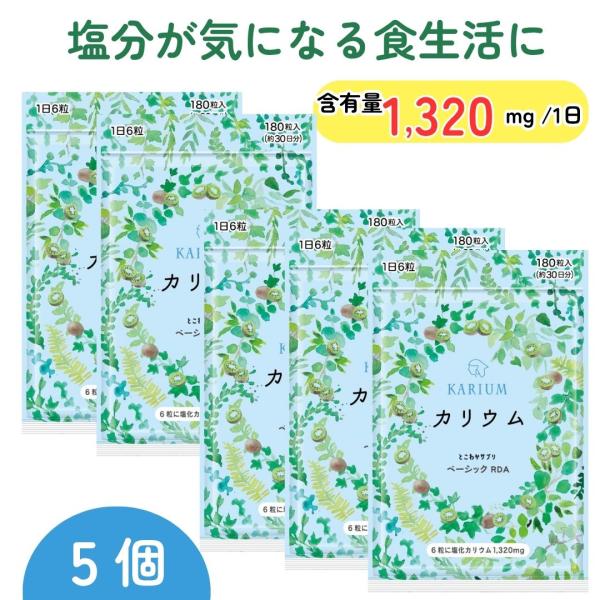 ＜5個セット＞ 【すべての原料が国内製造】安心のカリウム1,320mg キウイパウダー配合 【1日6粒/180粒入】 塩化カリウム とこわかサプリベーシックRDA1320
