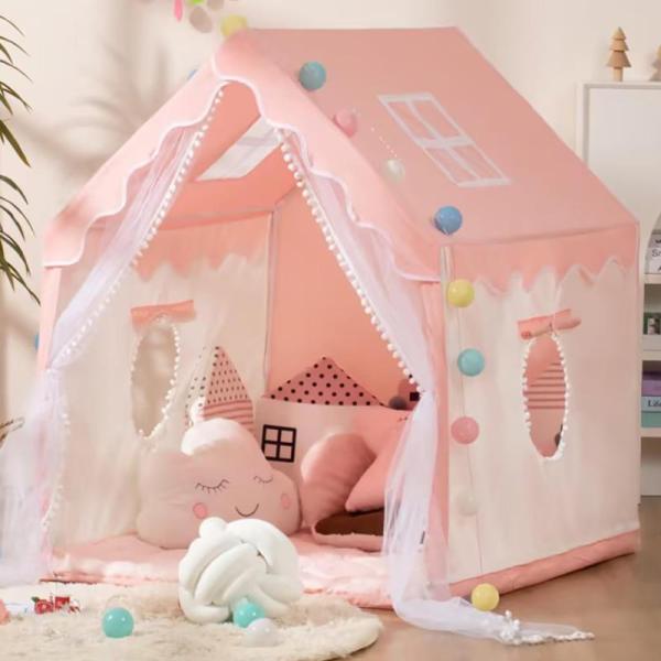 プリンセスお城テント 大型キッズテント 子供遊びテント おもちゃ小屋 屋内屋外兼用 光る星ライト付き 通気性紗カーテン プレイハウス 女の子 誕生日プ