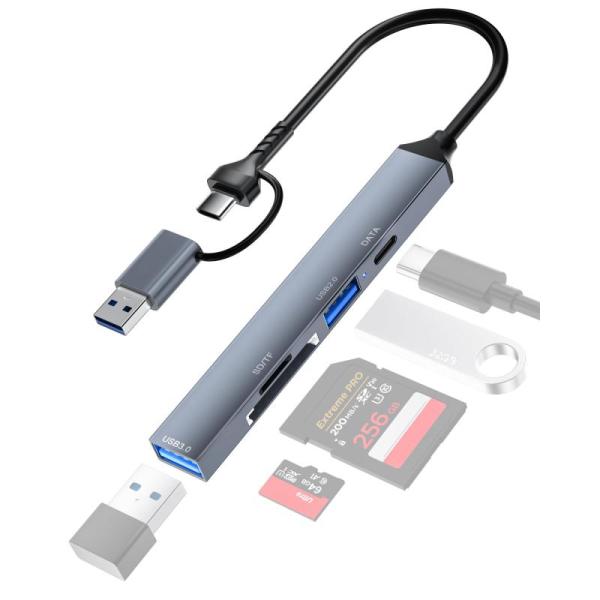 USB 3.0 ハブ MicroSD/SDカードリーダー Type-C & Type-A対応、TF/マイクロSDカードリーダー、USB-C データ転送