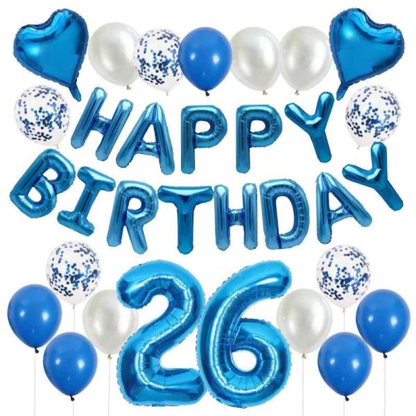 HAPPY BIRTHDAY 誕生日 バルーン 飾り付け セット 26歳 数字 バルーン ブルー ハッピーバースデー バルーン 誕生日 デコレーション