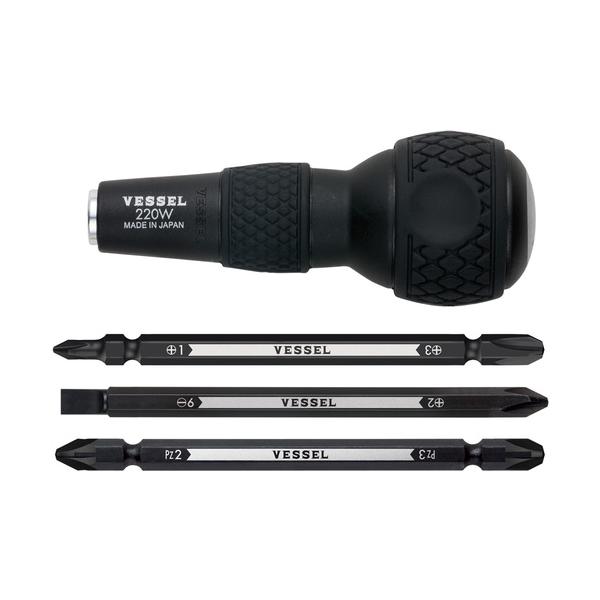 ●電動ドライバー用ビット（対辺6.35mm）を差し込んで、ハンドドライバーとして使用できる“ボールグリップ ビット差替えグリップ”と、3種の両頭ビットのセットです。●グリップは使い慣れたボールグリップです。●［［＋］］1と［［＋］］3、速結...