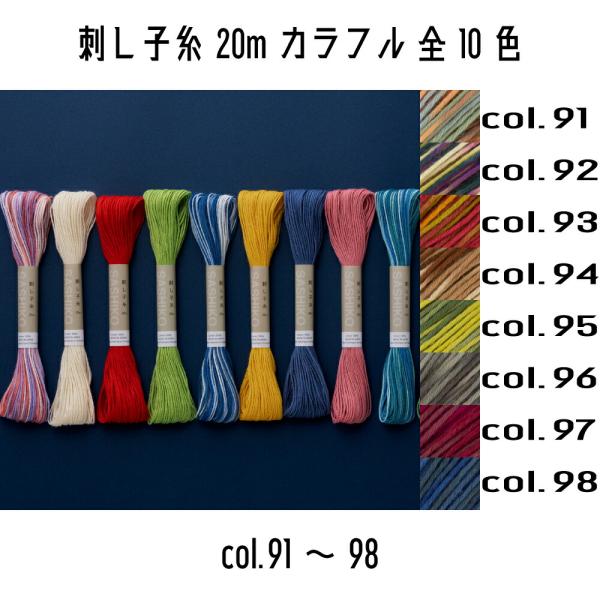 糸本来の風合いを大切にした刺し子に適した糸です。糸の取り分けはせず、そのまま使用します。＜仕様＞素材：綿100%巻数：約20m単色色数：全29色ボカシ・ミックス色数：全10色カラフル色数：全8色
