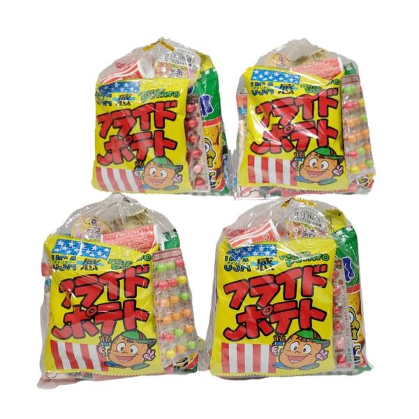 1袋に11個のお菓子が入った詰め合わせを4セットお届けいたします。＜商品紹介＞・キャベツ太郎・フライドポテト・うまい棒・ミニコーラ・プチプチうらないチョコ・もっちゃんだんご・夜空の星コンペイトウ・グレープソーダグミ・まけんグミ・パチパチパニ...
