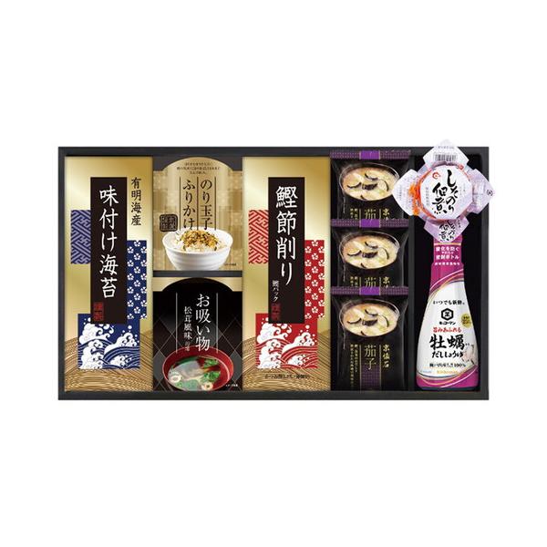 使いやすい卓上サイズのキッコーマン牡蠣だししょうゆとご飯のお供の詰合せです。■マルコメ京懐石茄子のおみそ汁11.5g×3袋・有明海産味付海苔(3切6枚)・のり玉子ふりかけ(4.5g×2袋)・永谷園お吸いもの松茸風味(2.3g×4袋)・鰹節削...