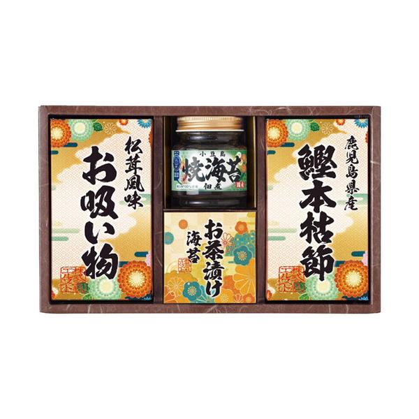 和食ならではの繊細な味を詰合せた食卓にあると嬉しいギフトセットです。突然の来客にも重宝します。■焼海苔佃煮85g×1瓶・永谷園お茶漬け海苔(4.7g×2袋)・鰹本枯節(2.5g×3袋)・松茸風味お吸い物(2.3g×4袋)各1箱■箱サイズ:2...