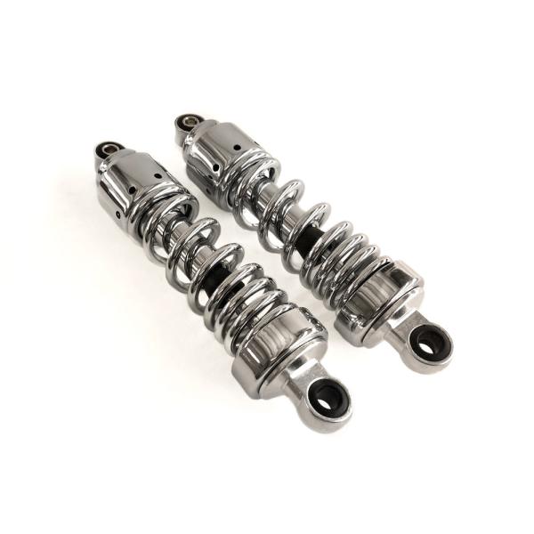 商品仕様：■状態：社外新品　未使用、リア サスペンションの左右セットの出品です。■商品にはフル クローム メッキ仕上げ、ピカピカ美しいサスペンションですがカスタムの定番です。■寸法：取付長さ265mm、外径66mm、取付穴径/上側14mm厚...