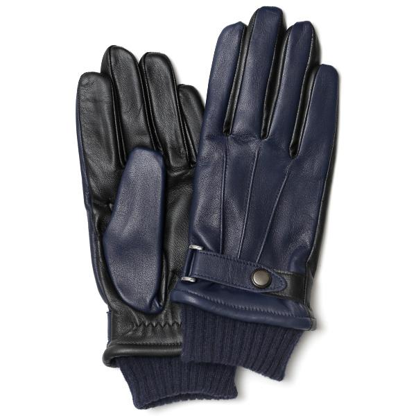 LAD レザーグローブ 黒xネイビー KURODA 手袋 メンズ スマホ対応 レザーグローブ ベルト リブ付