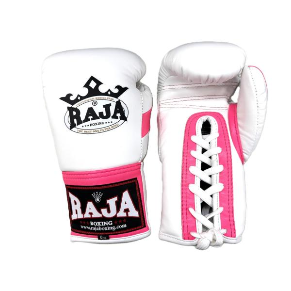 RAJA ボクシンググローブ 8oz ラジャ 本革製 ヒモ式 白ピンク ヒモ白