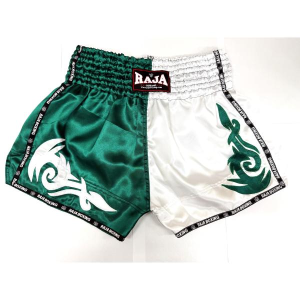 RAJA 　ムエタイキックパンツ　Sサイズ　グリーンホワイト　無地 大人気のRAJAパンツ！オリジナルデザインができる無地パンツが入荷！そのまま着用するのも良し、ジムワッペンなどを縫い付けても良し！男女問わず着用可能です！生地：サテンサイズ...